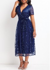 V Neck Mesh Belted Blue Short Sleeve Dress