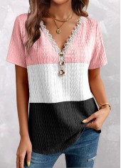 Plus Size Pink Patchwork Short Sleeve T Shirt