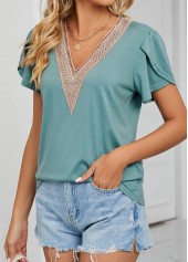 Green V Neck Short Sleeve Patchwork T Shirt