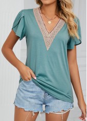 Green V Neck Short Sleeve Patchwork T Shirt
