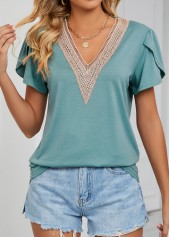 Green V Neck Short Sleeve Patchwork T Shirt