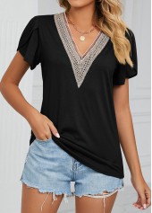 Black V Neck Short Sleeve Patchwork T Shirt