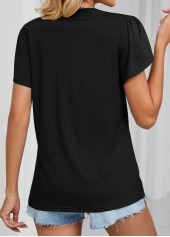 Black V Neck Short Sleeve Patchwork T Shirt