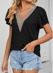 Black V Neck Short Sleeve Patchwork T Shirt