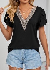 Black V Neck Short Sleeve Patchwork T Shirt