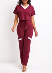Patchwork Dark Reddish Purple Long V Neck Top and Pants