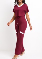 Patchwork Dark Reddish Purple Long V Neck Top and Pants