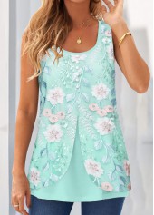 Floral Print Layered Cyan Square Neck Tank Top