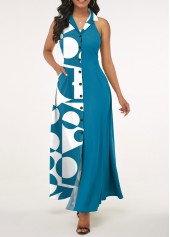 Geometric Print Pocket Blue Lapel Sleeveless Dress