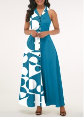 Geometric Print Pocket Blue Lapel Sleeveless Dress