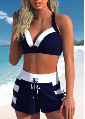 High Waisted Striped Patchwork Navy Bikini Set