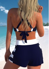 High Waisted Striped Patchwork Navy Bikini Set
