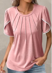 Light Pink Round Neck Patchwork T Shirt