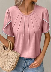 Light Pink Round Neck Patchwork T Shirt
