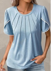 Light Blue Round Neck Patchwork T Shirt