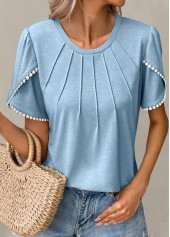Light Blue Round Neck Patchwork T Shirt