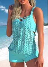 Cyan Fake 2in1 Cutout Tankini Set
