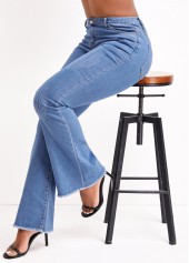 Zipper Denim Blue Flare Leg Mid Waisted Jeans