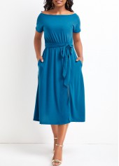Short Sleeve Split Sky Blue Off Shoulder Dress