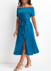 Short Sleeve Split Sky Blue Off Shoulder Dress