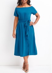 Short Sleeve Split Sky Blue Off Shoulder Dress