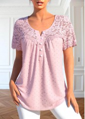 Patchwork Light Pink Short Sleeve Round Neck Blouse