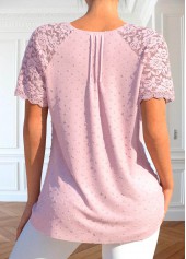 Patchwork Light Pink Short Sleeve Round Neck Blouse