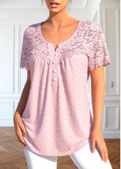 Patchwork Light Pink Short Sleeve Round Neck Blouse