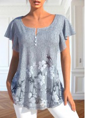 Floral Print Button Grey Scoop Neck T Shirt