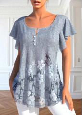Floral Print Button Grey Scoop Neck T Shirt