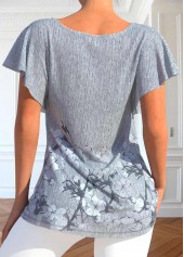 Floral Print Button Grey Scoop Neck T Shirt