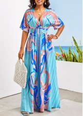 Tribal Print Smocked Sky Blue Maxi Dress