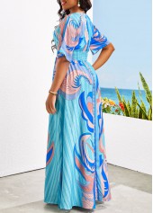 Tribal Print Smocked Sky Blue Maxi Dress