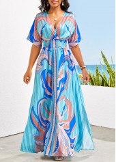 Tribal Print Smocked Sky Blue Maxi Dress