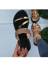 Golden Open Toe Falt Shinning Sliders