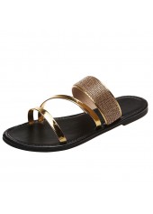 Golden Open Toe Falt Shinning Sliders