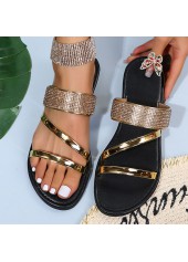 Golden Open Toe Falt Shinning Sliders