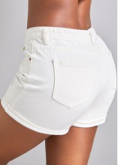 White Skinny Button Fly Mid Waisted Pocket Denim Shorts