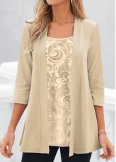 Plants Print Light Camel Fake Two Piece Twinset