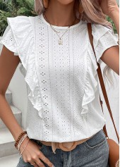 White Round Neck Short Sleeve Ruffle Blouse