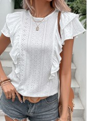 White Round Neck Short Sleeve Ruffle Blouse