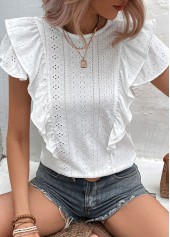 White Round Neck Short Sleeve Ruffle Blouse