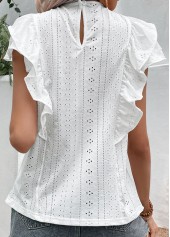 White Round Neck Short Sleeve Ruffle Blouse