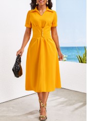 Button Belted Ginger Shirt Collar Short Sleeve Dress