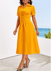 Button Belted Ginger Shirt Collar Short Sleeve Dress