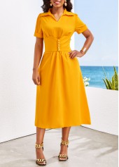 Button Belted Ginger Shirt Collar Short Sleeve Dress