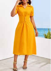 Button Belted Ginger Shirt Collar Short Sleeve Dress