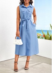 Button Belted Denim Blue Shirt Collar Sleeveless Dress