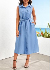 Button Belted Denim Blue Shirt Collar Sleeveless Dress