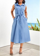 Button Belted Denim Blue Shirt Collar Sleeveless Dress